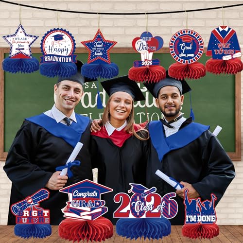 10 Graduation Party Centerpieces Class of 2026 – Blue & Red Honeycomb Table Decorations by MOORAY
