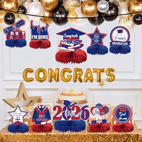 10 Graduation Party Centerpieces Class of 2026 – Blue & Red Honeycomb Table Decorations by MOORAY