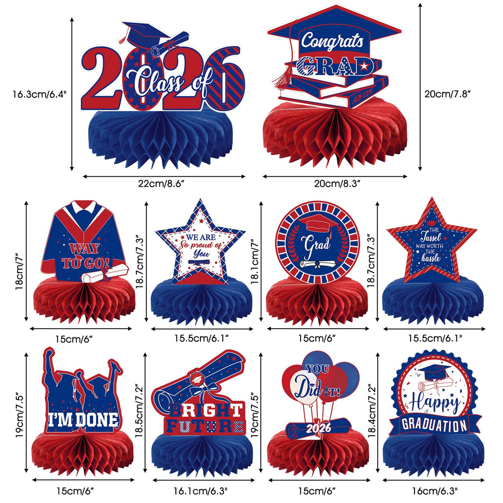 10 Graduation Party Centerpieces Class of 2026 – Blue & Red Honeycomb Table Decorations by MOORAY