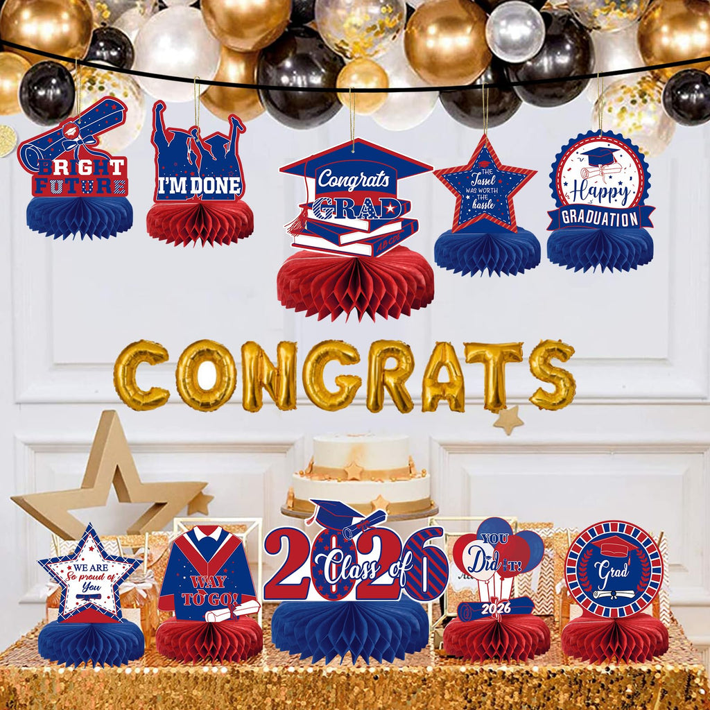 10 Graduation Party Centerpieces Class of 2026 – Blue & Red Honeycomb Table Decorations by MOORAY
