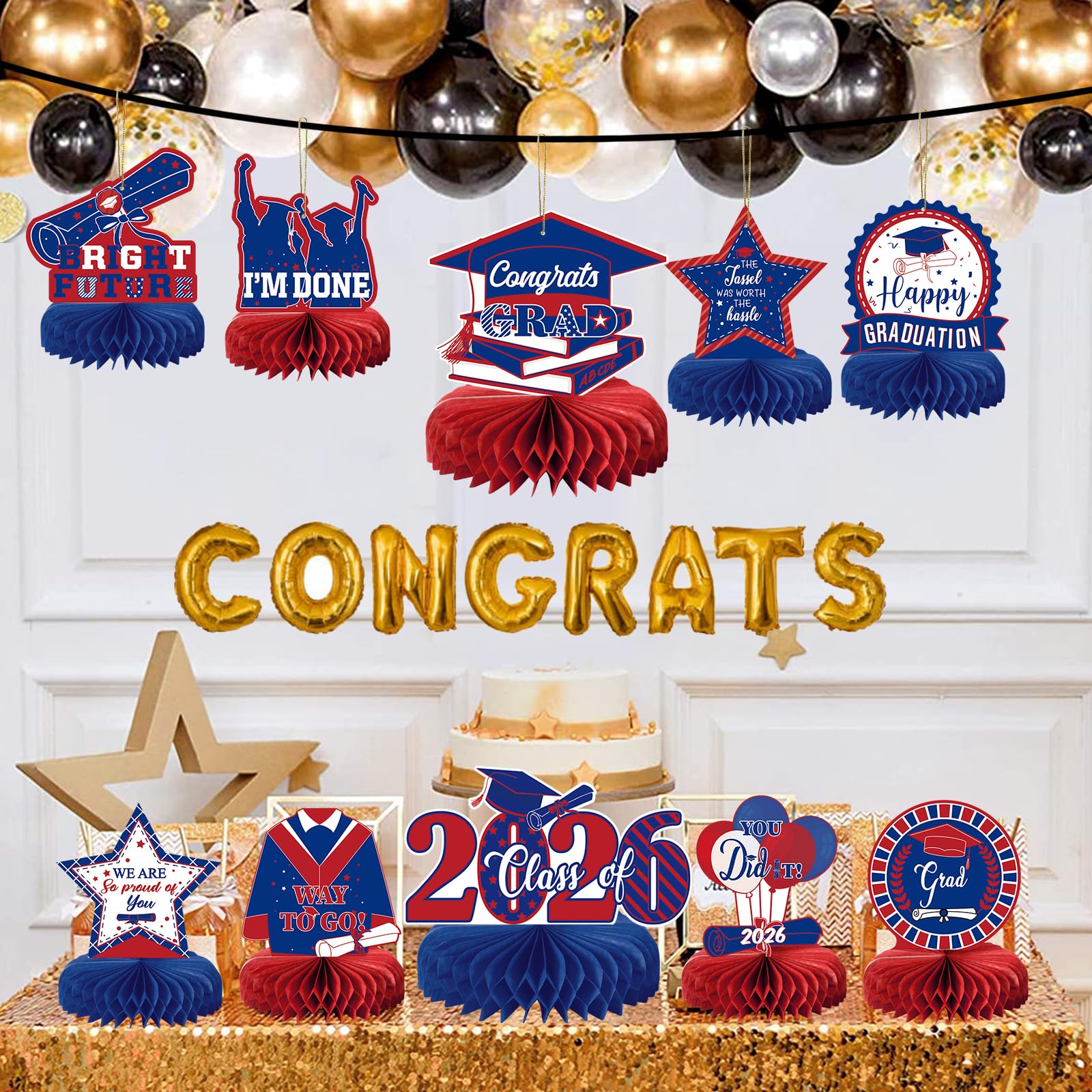 10 Graduation Party Centerpieces Class of 2026 – Blue & Red Honeycomb Table Decorations by MOORAY