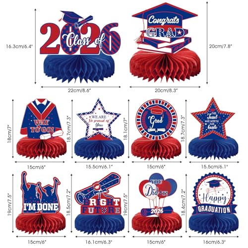 10 Graduation Party Centerpieces Class of 2026 – Blue & Red Honeycomb Table Decorations by MOORAY