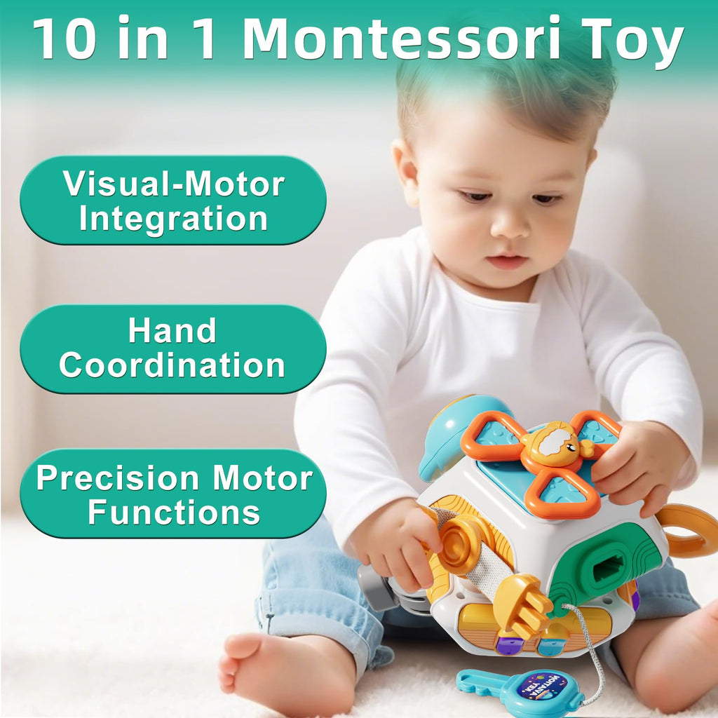 10-in-1 Montessori Busy Board Activity Cube for Toddlers 1-3, Sensory Travel Toys for 6-18 Months, Educational Gift for Boys & Girls