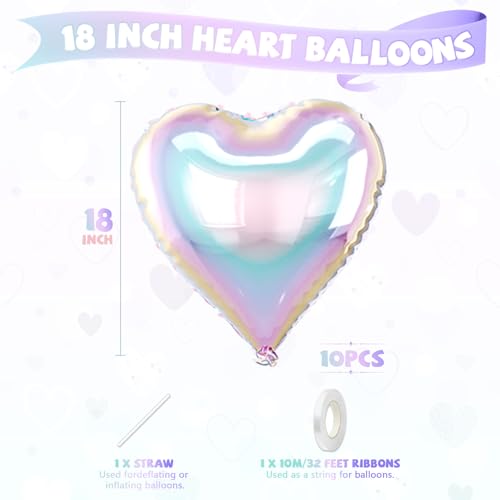 10 Pack 18 Inch Iridescent Heart Foil Balloons – Rainbow Gradient Self-Sealing Balloons for Weddings, Birthdays & Valentine's Day