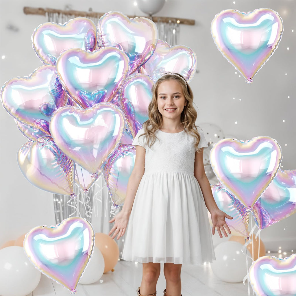10 Pack 18 Inch Iridescent Heart Foil Balloons – Rainbow Gradient Self-Sealing Balloons for Weddings, Birthdays & Valentine's Day