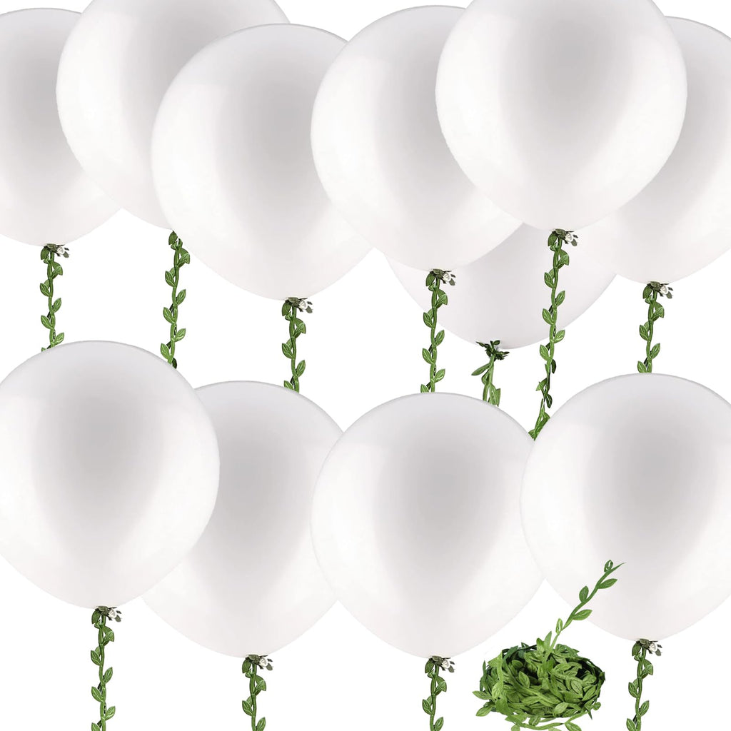 10 Pack 36 Inch White Balloons with 65ft Green Fabric Vine – Giant Latex Balloons for Party Decor