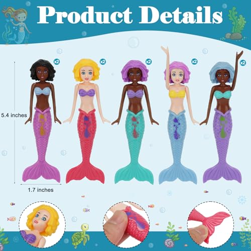 10-Pack Colorful Mermaid Diving Toys for Kids Ages 3-12 – Non-Repeating Styles, Underwater Sinking Pool Toys for Bath & Swimming Fun
