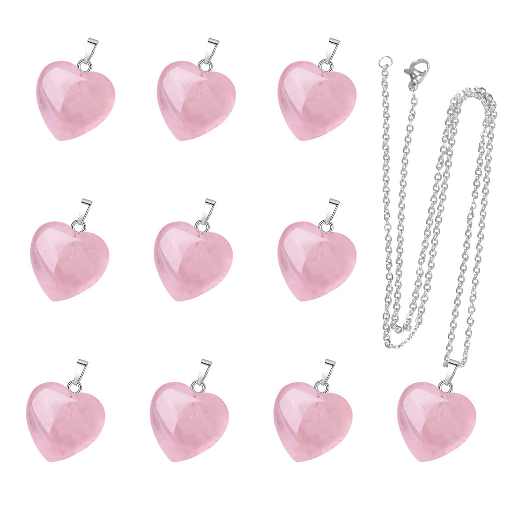 10-Pack Genuine Rose Quartz Heart Pendants – Natural Stone Charms for Jewelry Making with Silver Necklace