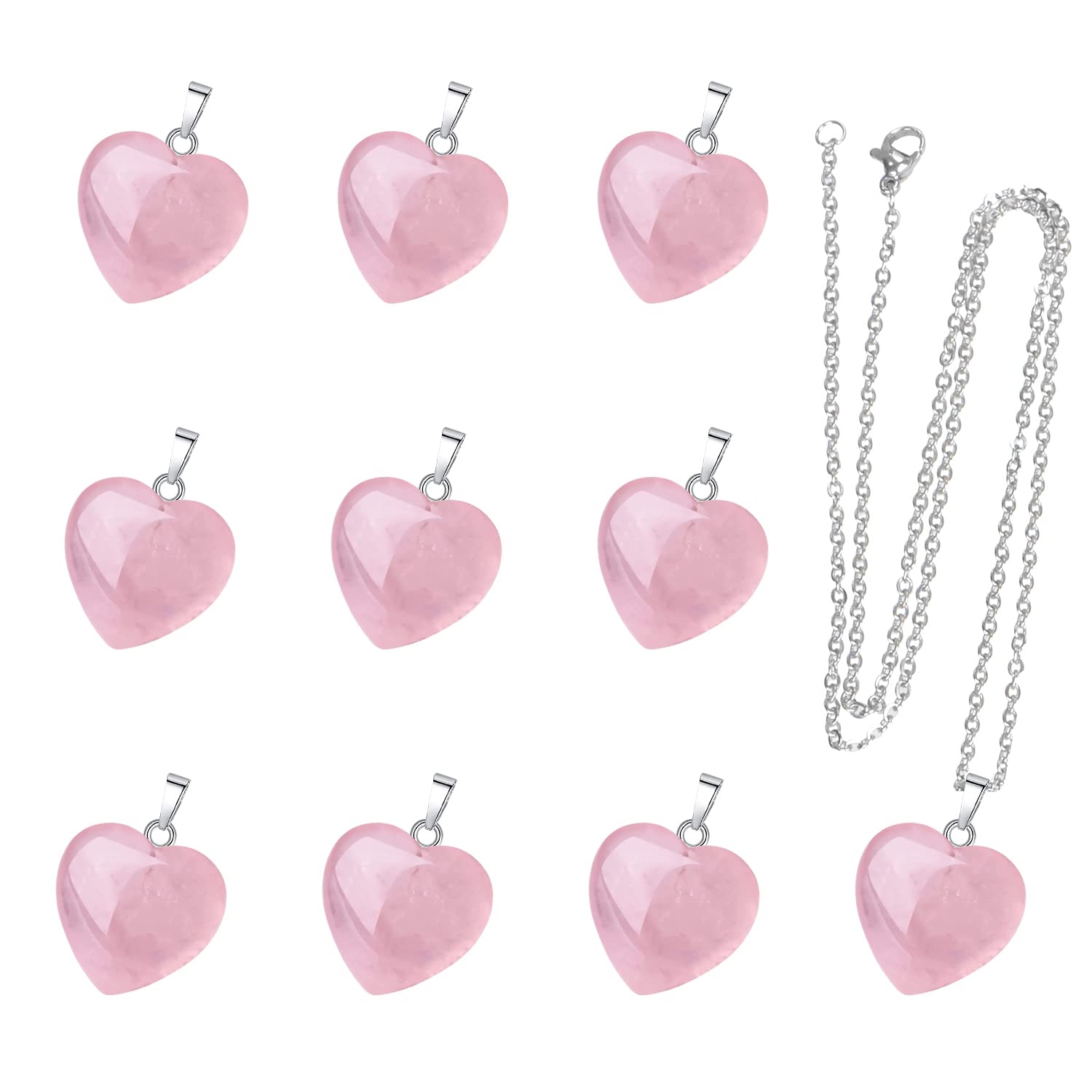 10-Pack Genuine Rose Quartz Heart Pendants – Natural Stone Charms for Jewelry Making with Silver Necklace