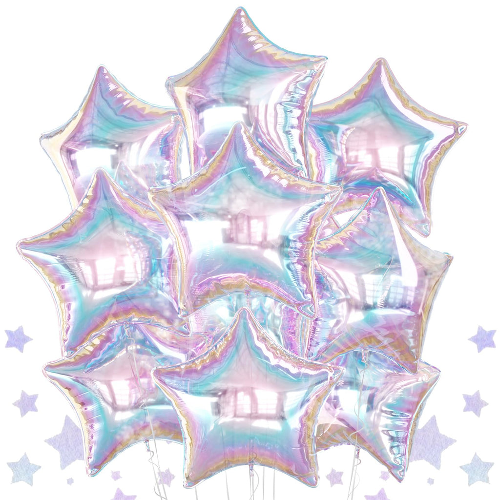 10-Pack Iridescent Laser Star Foil Balloons - 18-Inch Aluminum Foil Party Decorations with Self-Sealing Valve