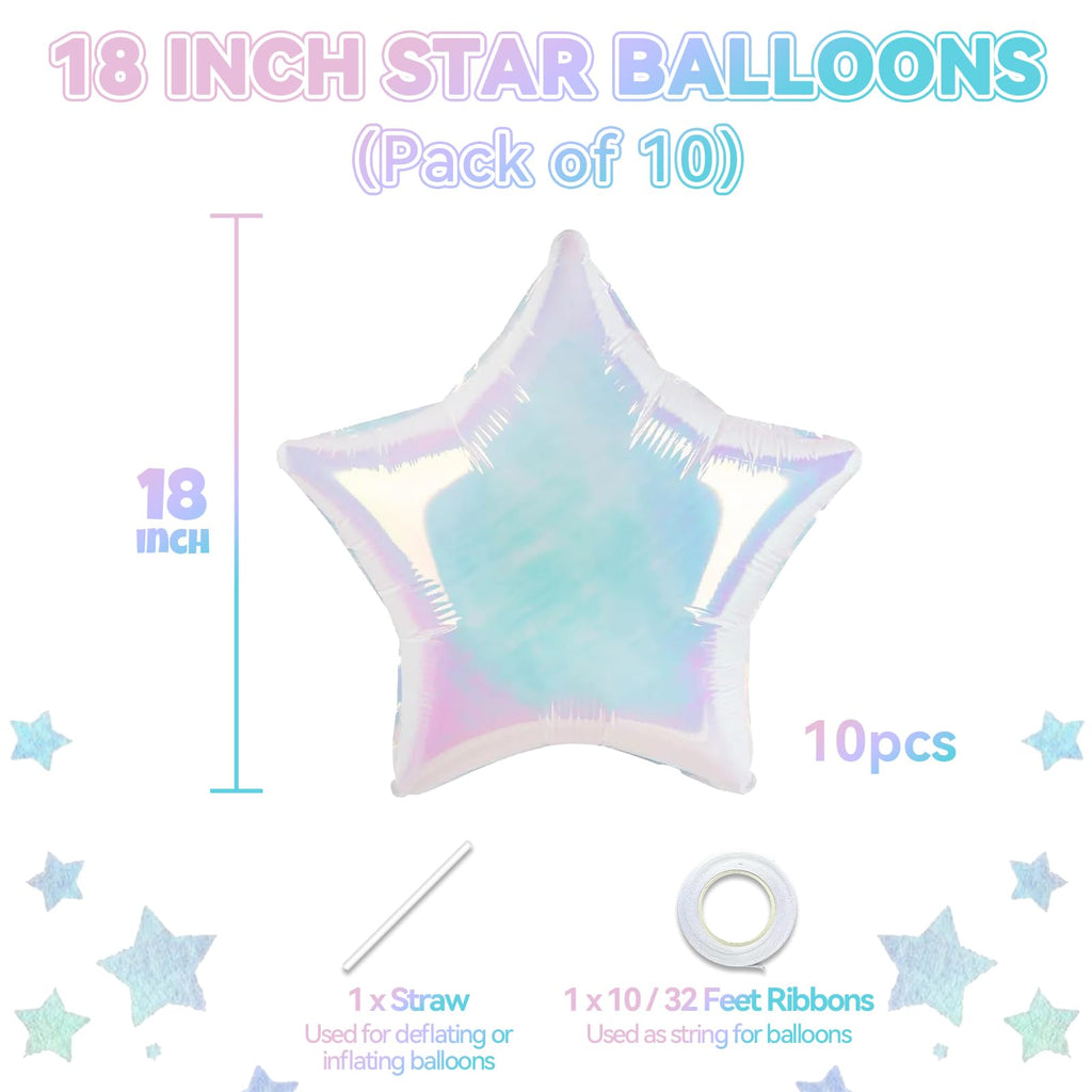 10-Pack Iridescent Laser Star Foil Balloons - 18-Inch Aluminum Foil Party Decorations with Self-Sealing Valve