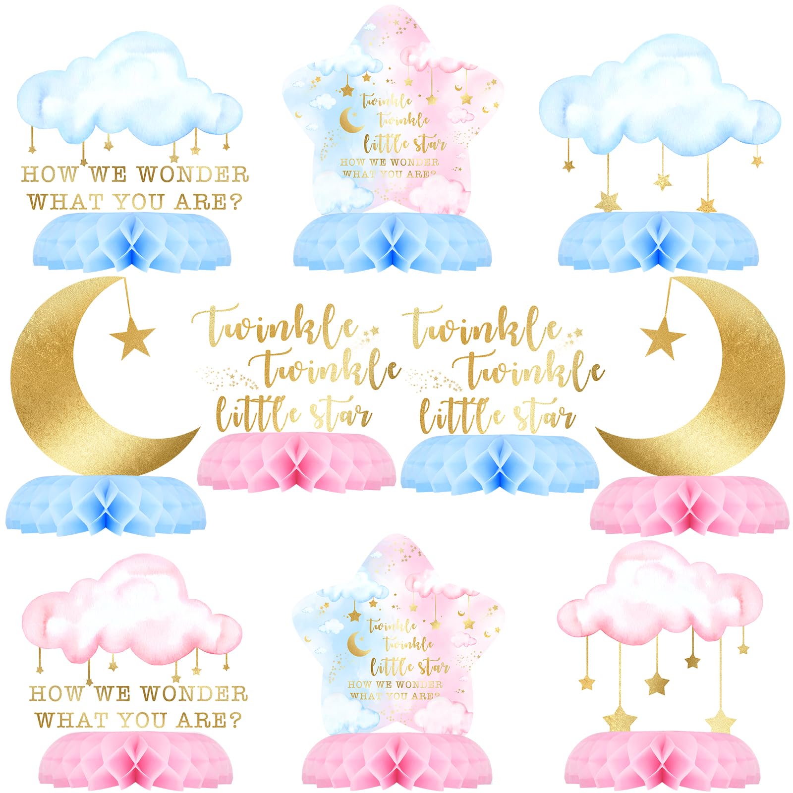 10-Pack Twinkle Twinkle Little Star Gender Reveal Centerpieces – Honeycomb Table Decor with Moons, Stars & Clouds for Baby Shower