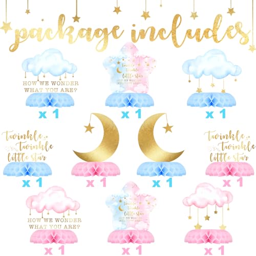 10-Pack Twinkle Twinkle Little Star Gender Reveal Centerpieces – Honeycomb Table Decor with Moons, Stars & Clouds for Baby Shower