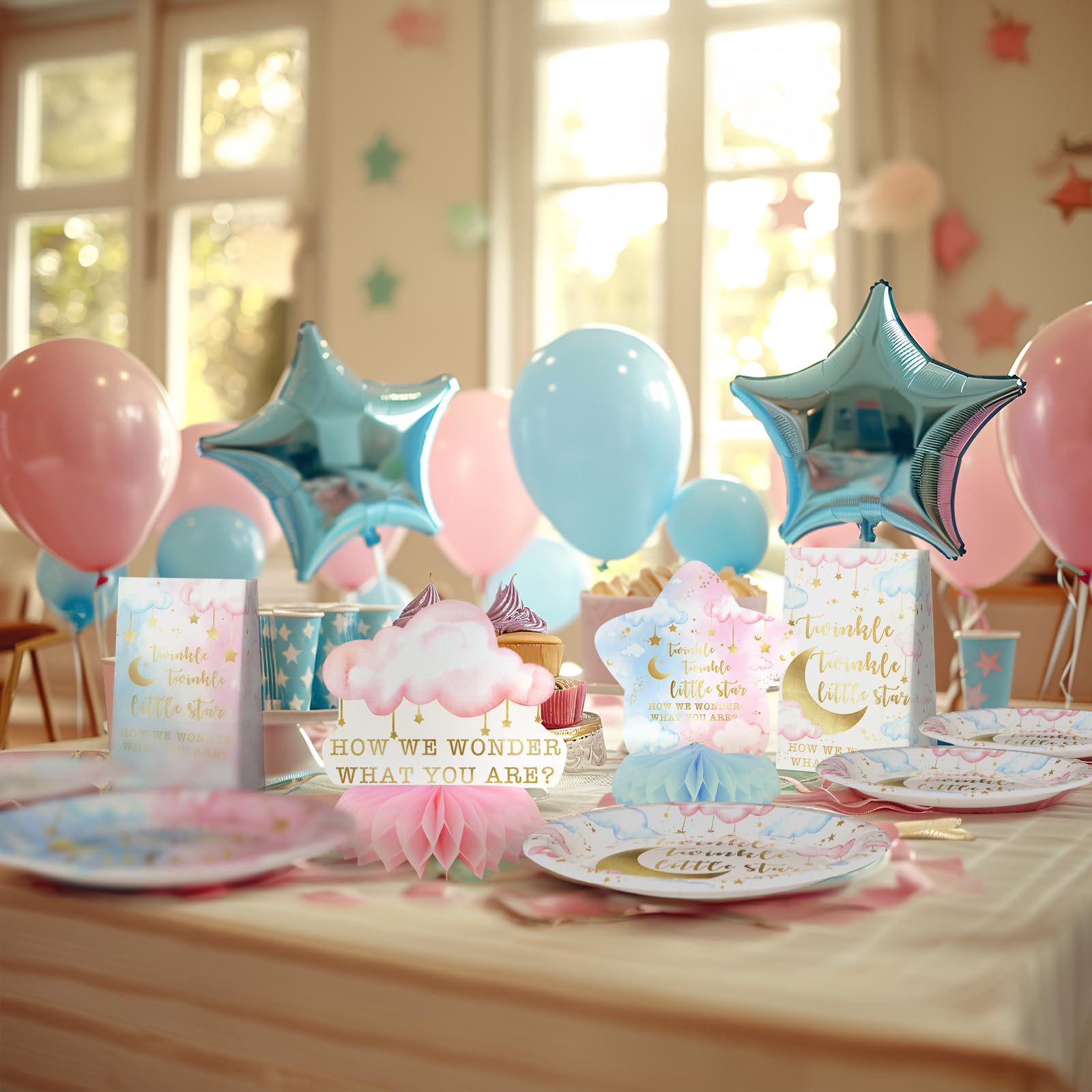 10-Pack Twinkle Twinkle Little Star Gender Reveal Centerpieces – Honeycomb Table Decor with Moons, Stars & Clouds for Baby Shower