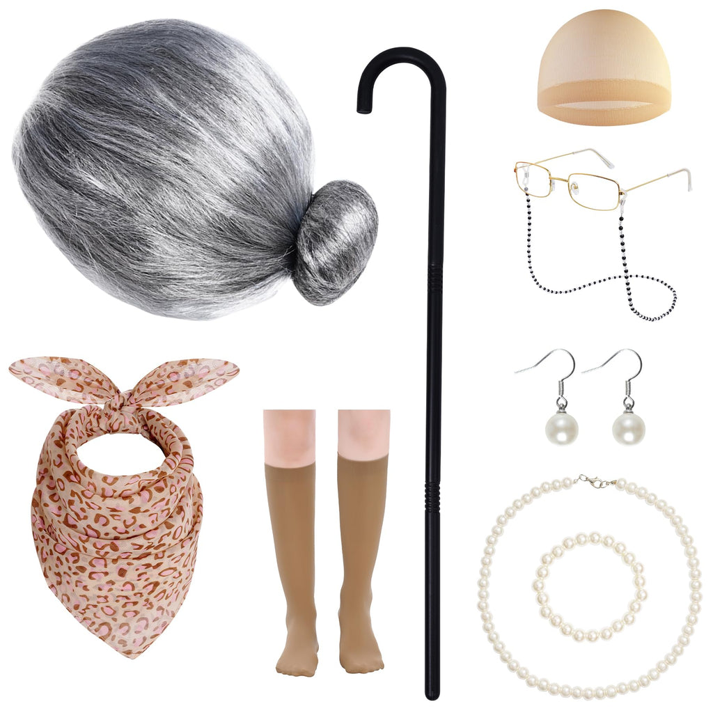 10-Piece Old Lady Costume Set for Halloween and 100 Days of School – Grey Wig, Glasses, Cane, and More