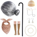 10-Piece Old Lady Costume Set for Halloween and 100 Days of School – Grey Wig, Glasses, Cane, and More