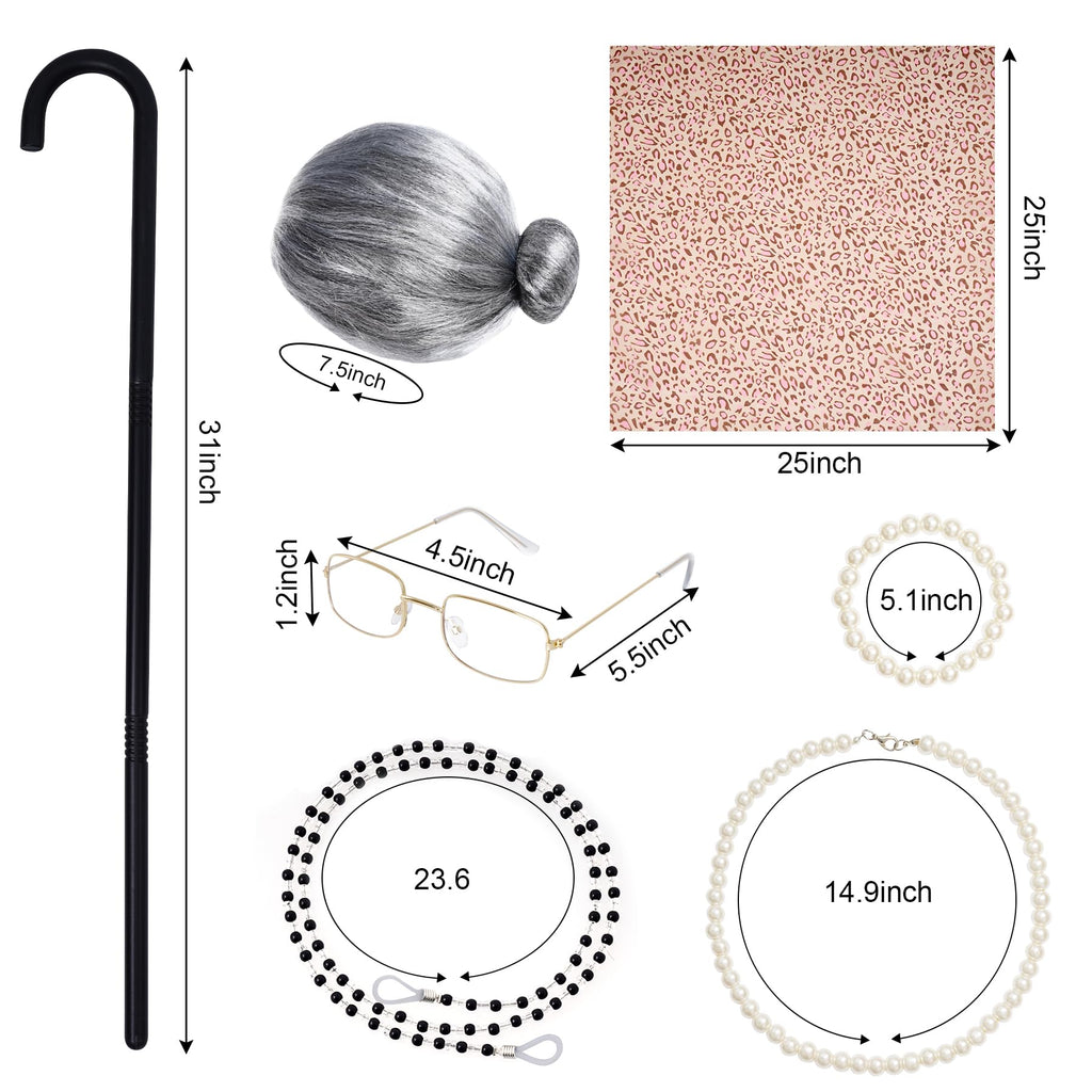 10-Piece Old Lady Costume Set for Halloween and 100 Days of School – Grey Wig, Glasses, Cane, and More