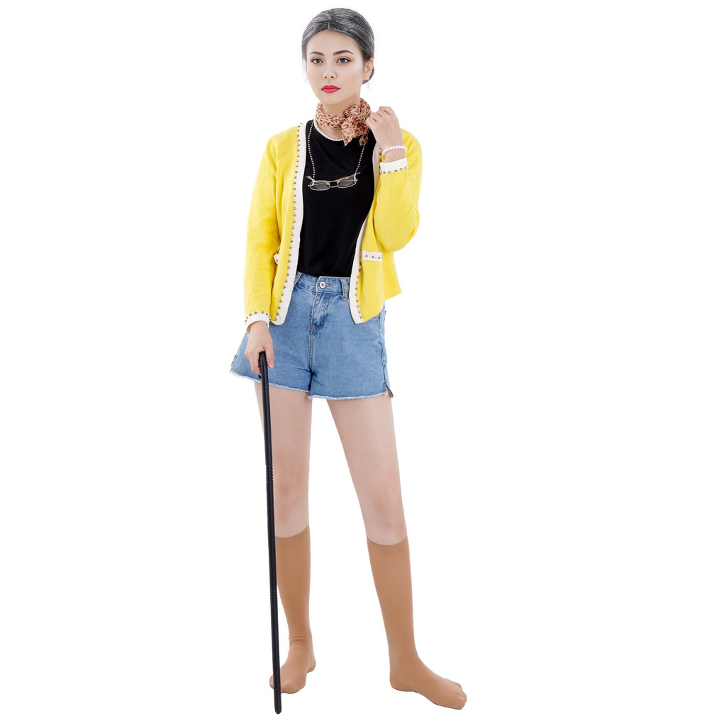 10-Piece Old Lady Costume Set for Halloween and 100 Days of School – Grey Wig, Glasses, Cane, and More