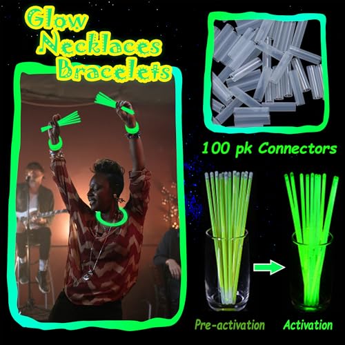 100 Green Glow Sticks Bulk 8 Inch Party Favors with Connectors for Neon Parties, Halloween, Christmas, St. Patrick's Day