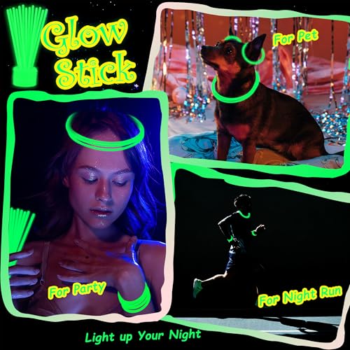 100 Green Glow Sticks Bulk 8 Inch Party Favors with Connectors for Neon Parties, Halloween, Christmas, St. Patrick's Day