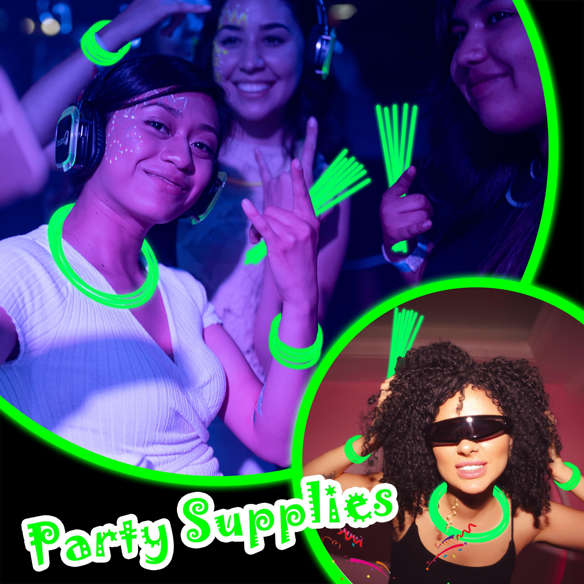 100 Green Glow Sticks Bulk 8 Inch Party Favors with Connectors for Neon Parties, Halloween, Christmas, St. Patrick's Day