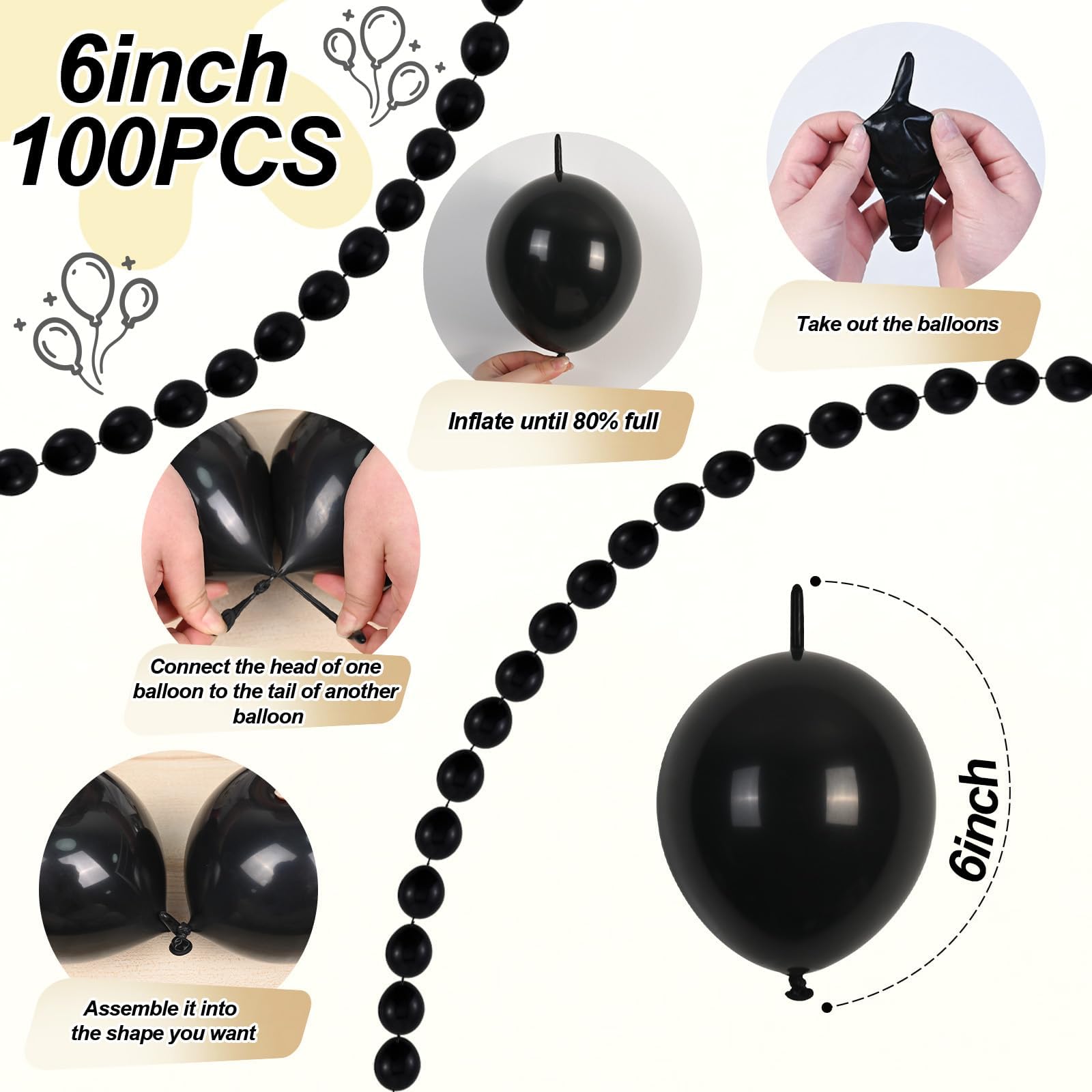 100 Pack 6 Inch Black Linking Balloons for DIY Balloon Arch, Balloon Wall, and Party Decorations