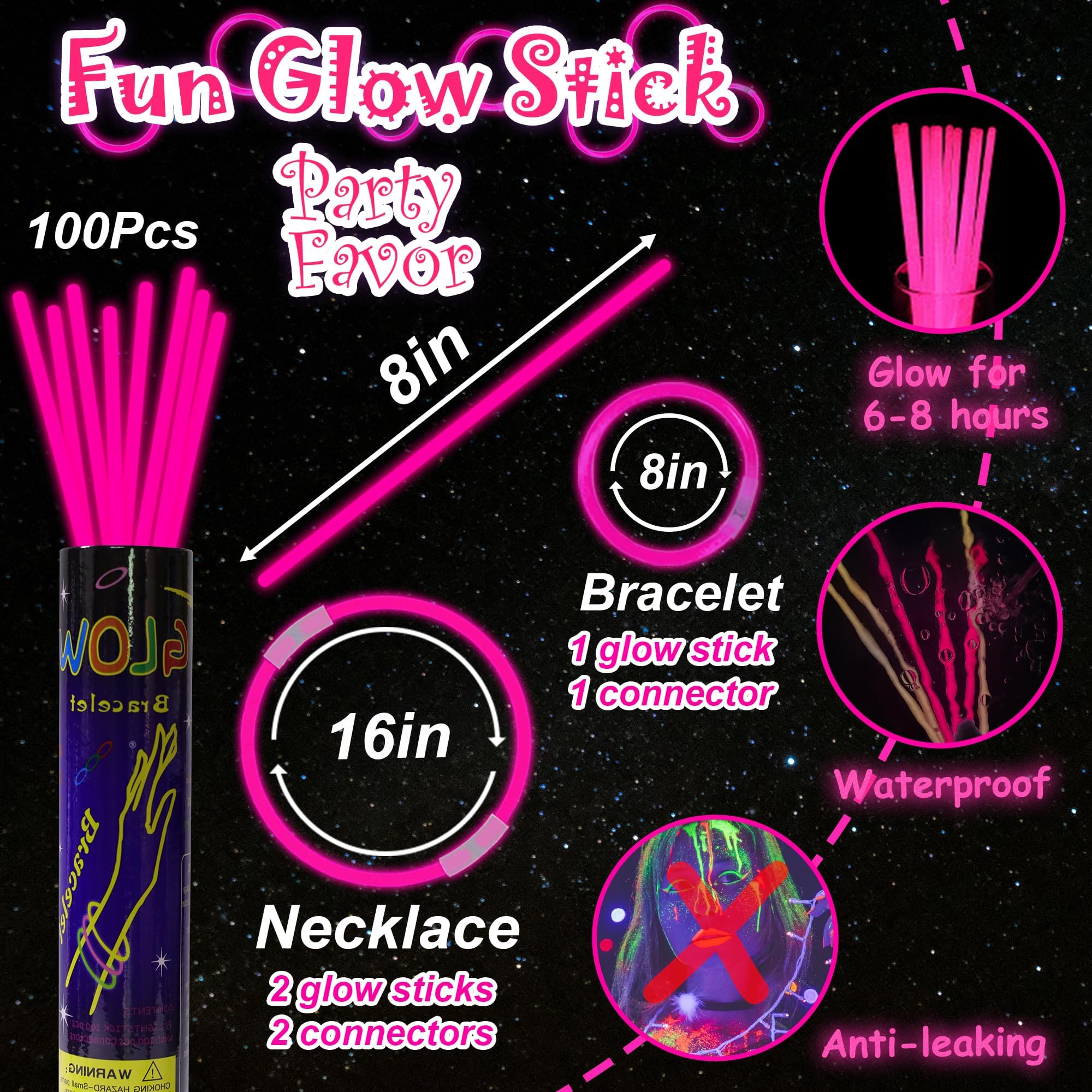 100 Pack 8-Inch Pink Glow Sticks Bulk Party Favors with Connectors – Long-Lasting Neon Glow Necklaces & Bracelets for Holiday Events
