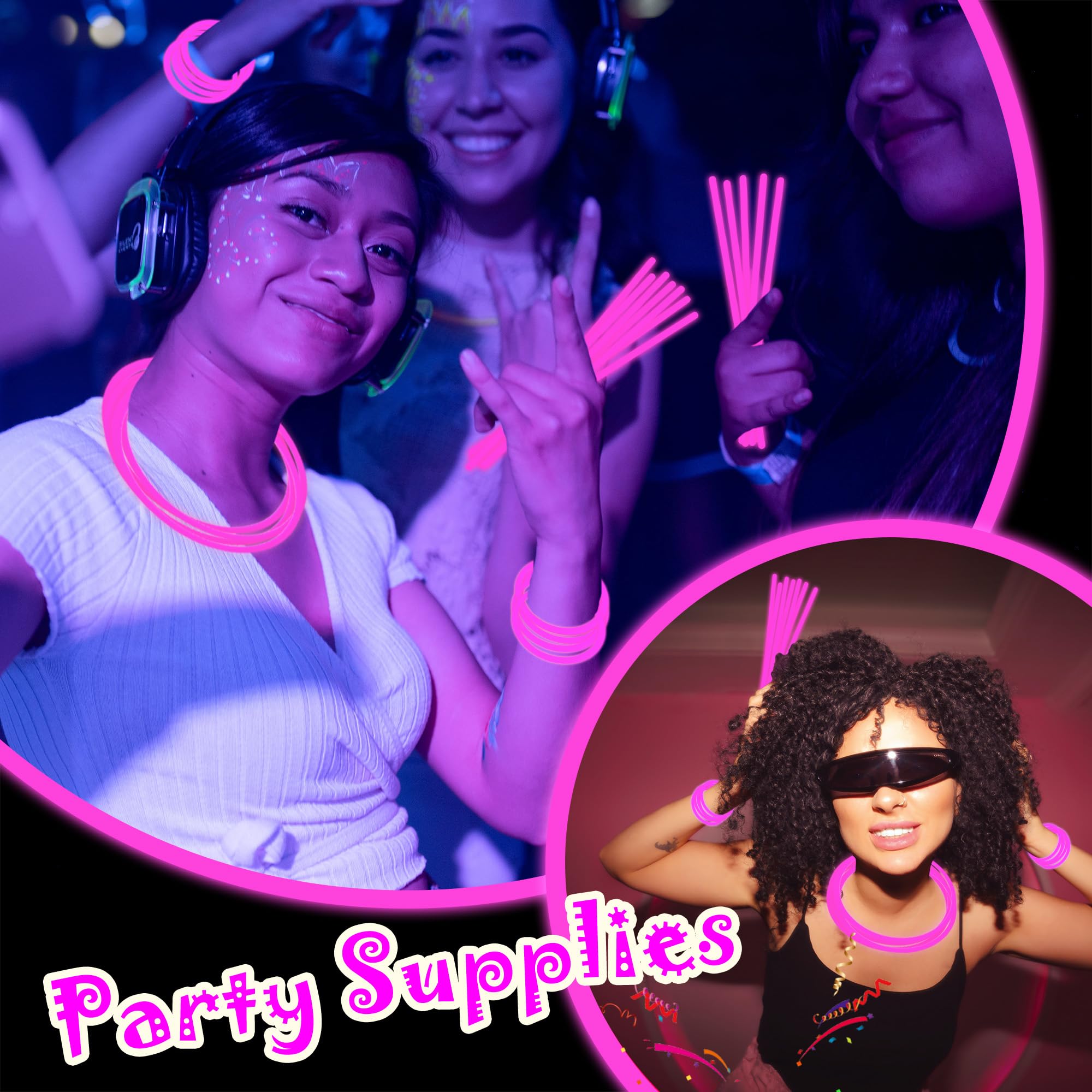 100 Pack 8-Inch Pink Glow Sticks Bulk Party Favors with Connectors – Long-Lasting Neon Glow Necklaces & Bracelets for Holiday Events