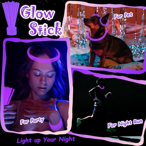100 Pack 8-Inch Purple Glow Sticks Bulk Party Favors with Connectors - Lasts 6-8 Hours, Waterproof, for Halloween, Christmas, Mardi Gras, Neon Parties