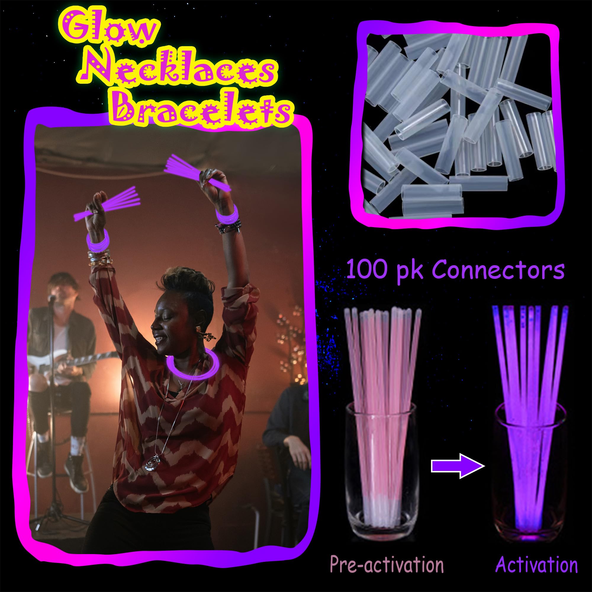 100 Pack 8-Inch Purple Glow Sticks Bulk Party Favors with Connectors - Lasts 6-8 Hours, Waterproof, for Halloween, Christmas, Mardi Gras, Neon Parties