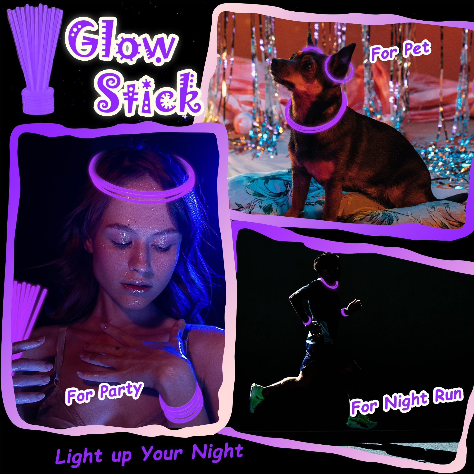 100 Pack 8-Inch Purple Glow Sticks Bulk Party Favors with Connectors - Lasts 6-8 Hours, Waterproof, for Halloween, Christmas, Mardi Gras, Neon Parties