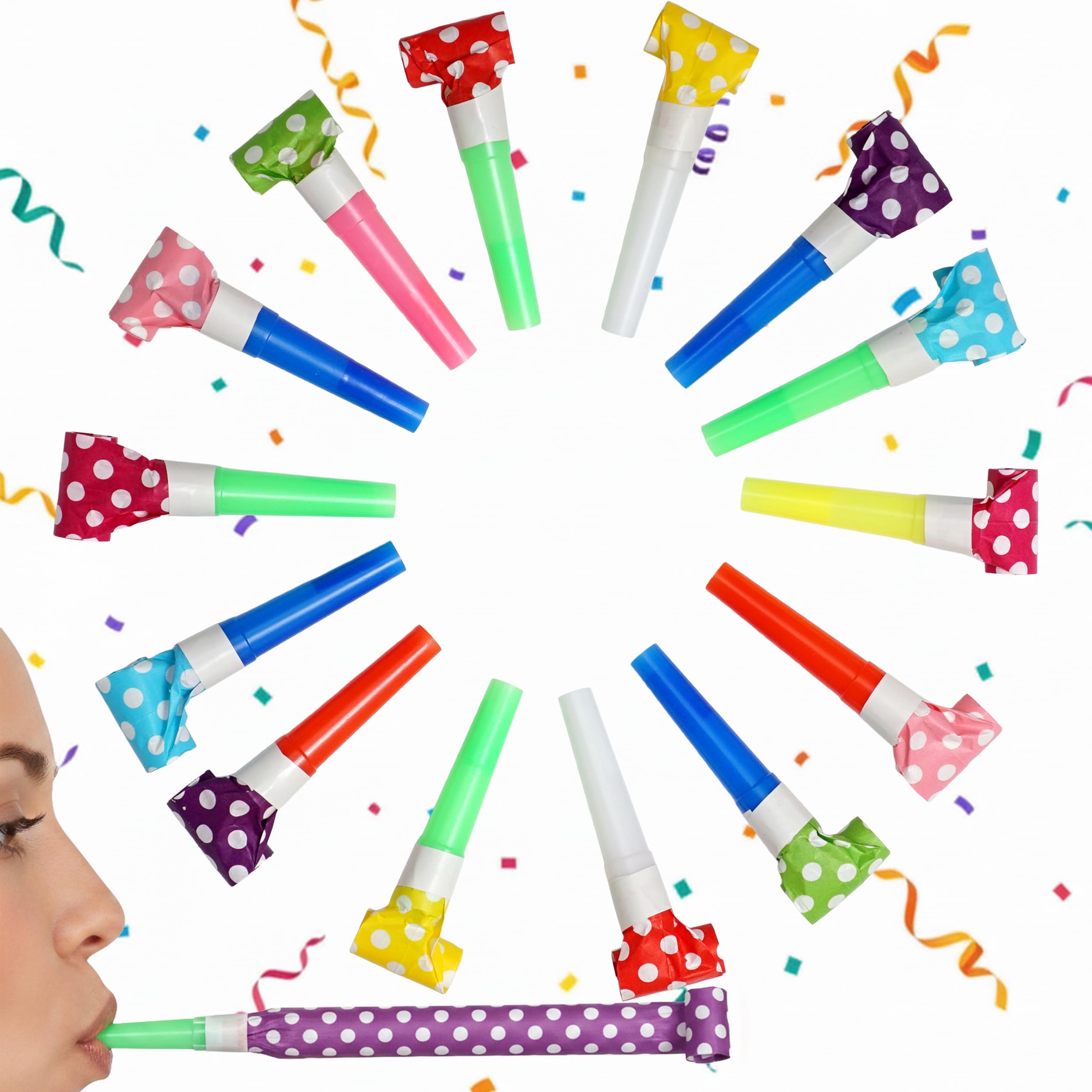 100 Pack Assorted Polka Dot Party Blowers & Noise Makers