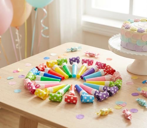 100 Pack Assorted Polka Dot Party Blowers & Noise Makers
