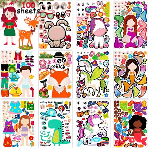 100-Pack DIY Animal Face Stickers – 25 Designs with 1000+ Accessories for Kids Crafts, Party Favors, and School Rewards