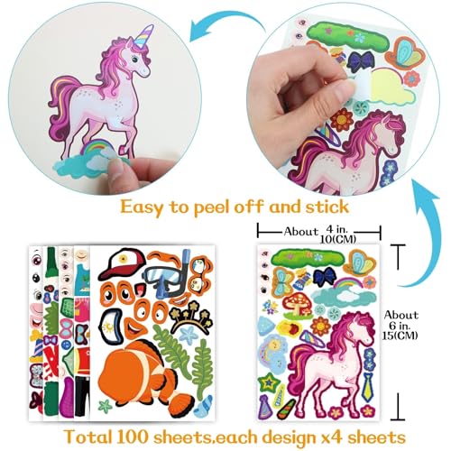 100-Pack DIY Animal Face Stickers – 25 Designs with 1000+ Accessories for Kids Crafts, Party Favors, and School Rewards