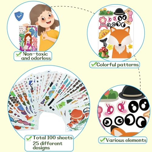 100-Pack DIY Animal Face Stickers – 25 Designs with 1000+ Accessories for Kids Crafts, Party Favors, and School Rewards