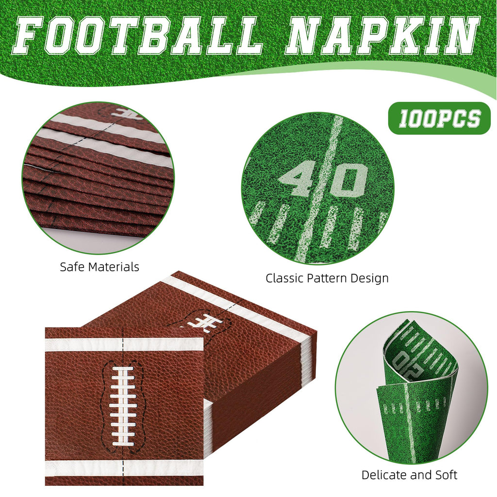 100-Pack Football Party Napkins – 2 Designs, 6.5x6.5 Inch Disposable Paper Napkins for Super Bowl, Birthday & Tailgate