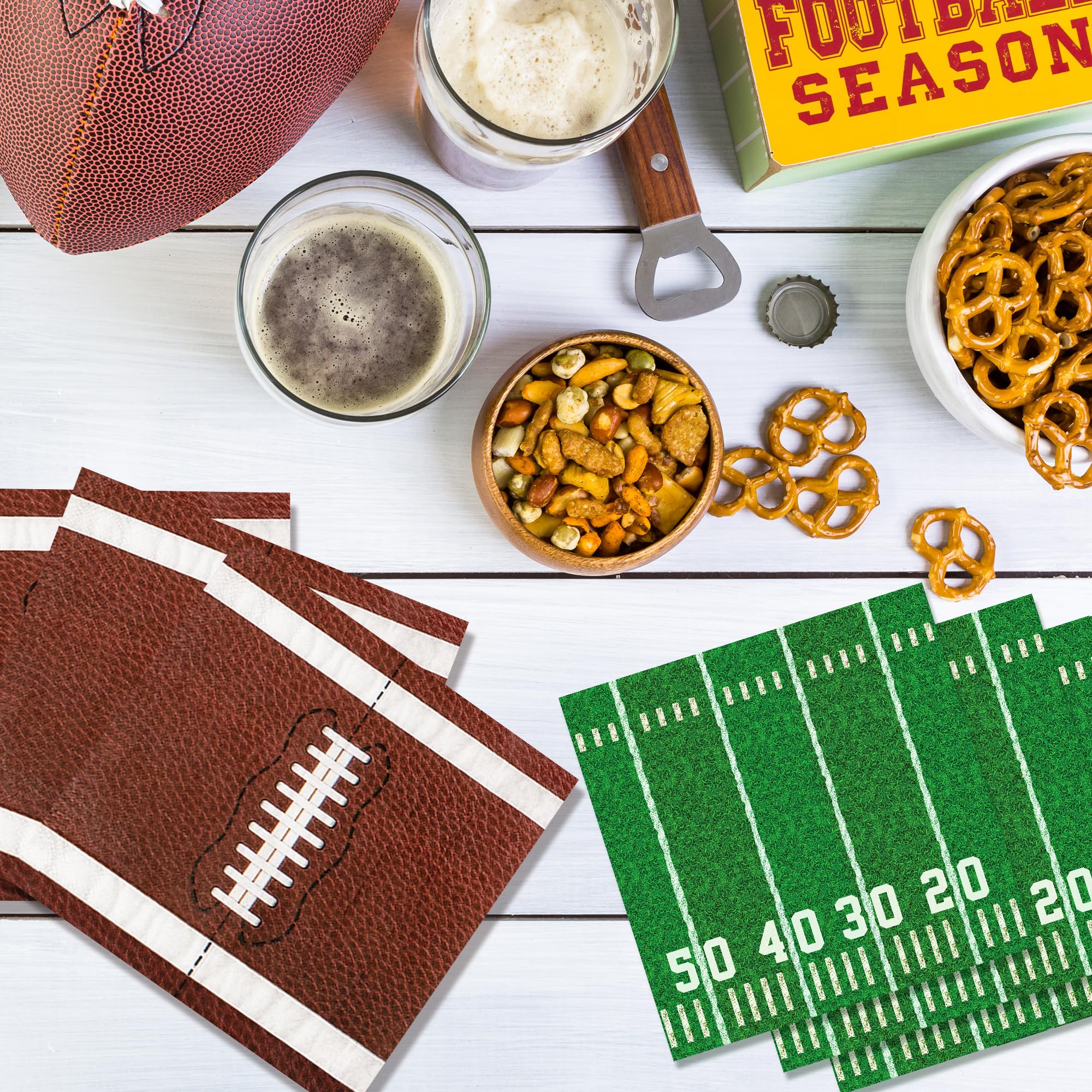100-Pack Football Party Napkins – 2 Designs, 6.5x6.5 Inch Disposable Paper Napkins for Super Bowl, Birthday & Tailgate