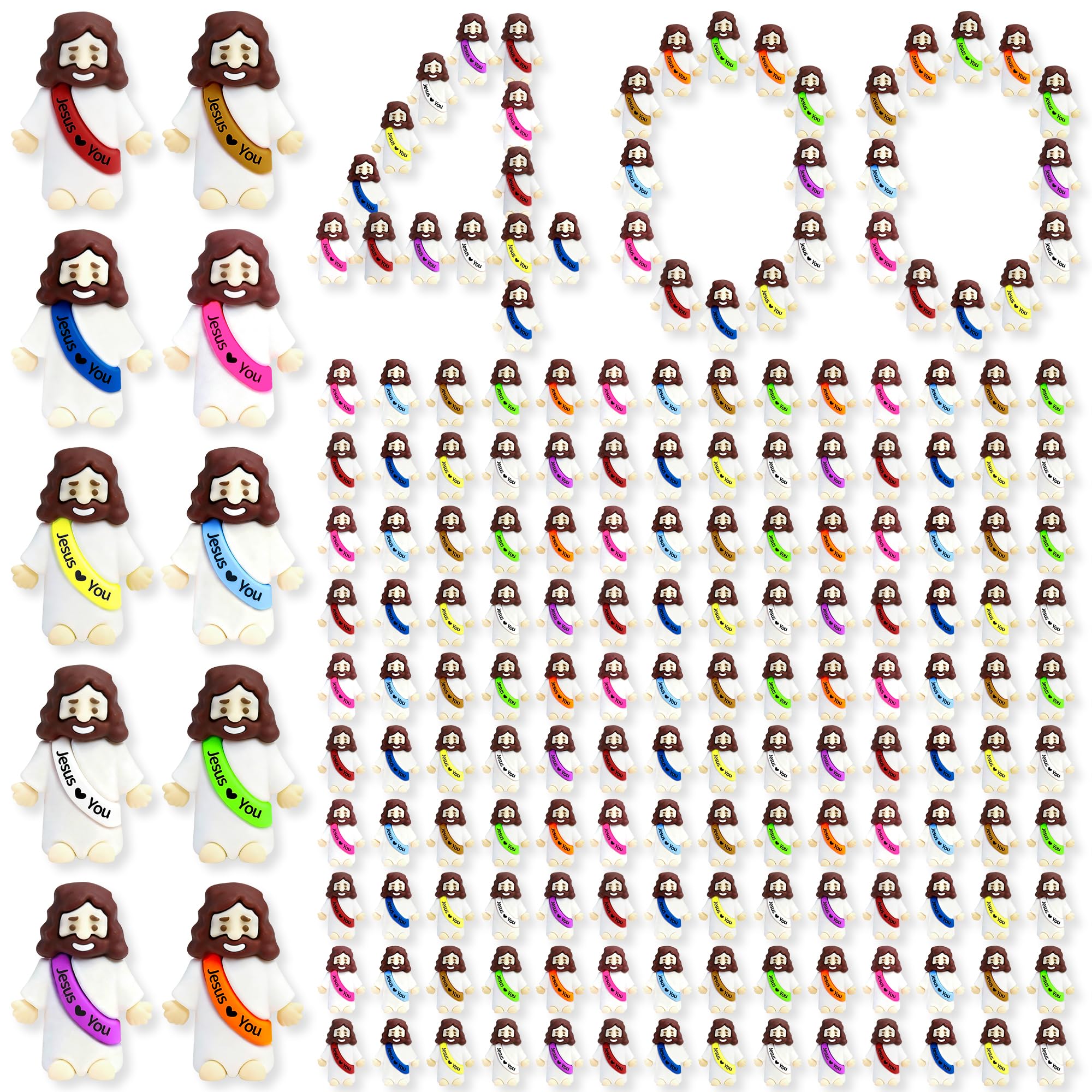 100 Pack Mini Rubber Jesus Figures - 'Jesus Loves You' Toys for Easter Eggs, Sunday School, and Faith Sharing (10 Colors)