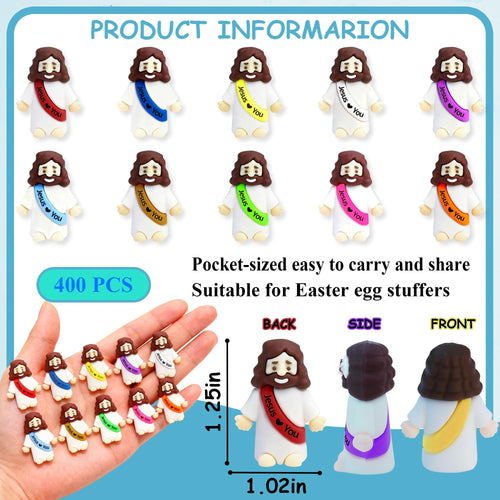 100 Pack Mini Rubber Jesus Figures - 'Jesus Loves You' Toys for Easter Eggs, Sunday School, and Faith Sharing (10 Colors)
