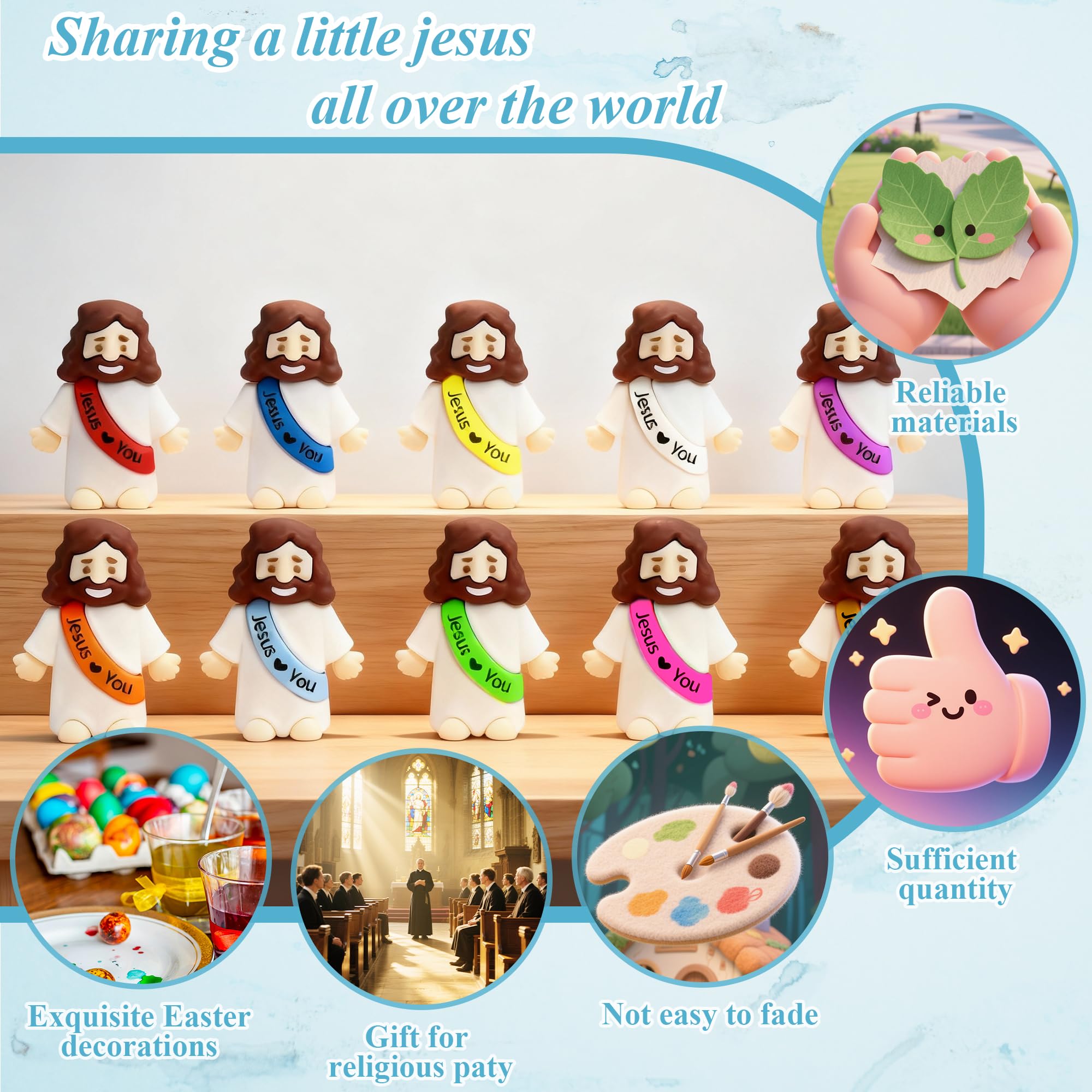 100 Pack Mini Rubber Jesus Figures - 'Jesus Loves You' Toys for Easter Eggs, Sunday School, and Faith Sharing (10 Colors)