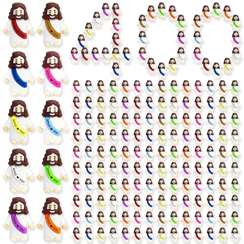 100 Pack Mini Rubber Jesus Figures - 'Jesus Loves You' Toys for Easter Eggs, Sunday School, and Faith Sharing (10 Colors)