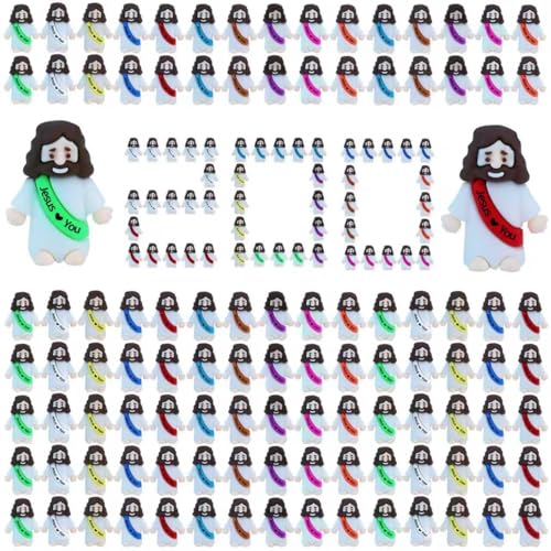 100 Pack Mini Rubber Jesus Figures for Easter Egg Stuffers, Hide and Seek, Sunday School Party Favors - Pocket Sized Toys with 'Jesus Loves You' Message