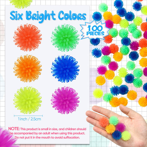 100-Pack Spiky Hedge Balls - Stress Relief Fidget Toys, Soft TPR Sensory Balls in 6 Colors, Mini Porcupine Balls for Anxiety, Focus, and Calming, Birthday Party Favors