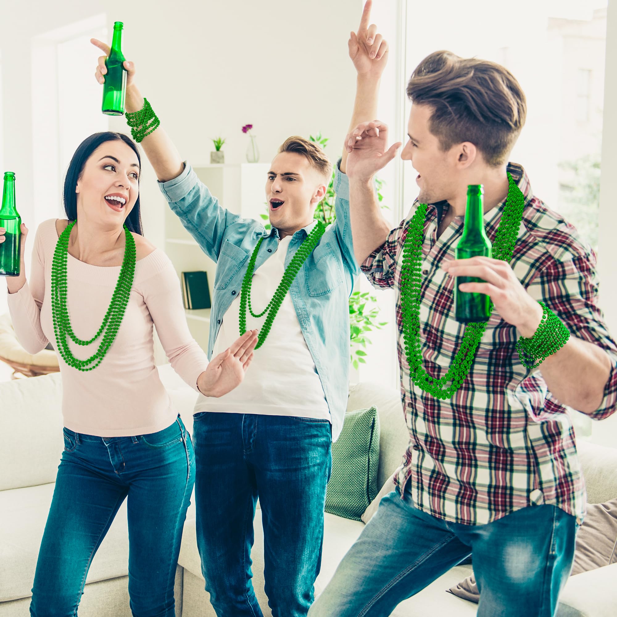 100 Pcs St. Patrick's Day Bead Necklaces - 33 Inch Green Plastic Party Favors Bulk
