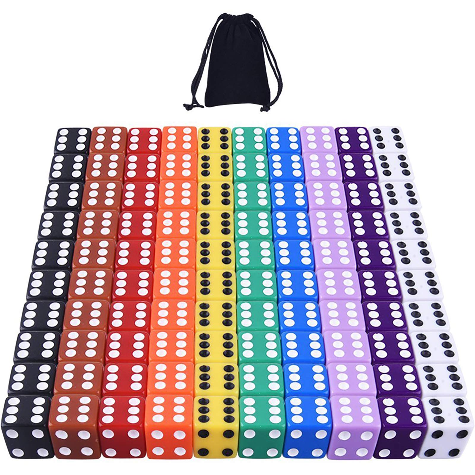 100-Piece 10-Color Standard 16mm Game Dice Set by AUSTOR with Storage Bag for Tenzi, Farkle, Yahtzee, Bunco, Math