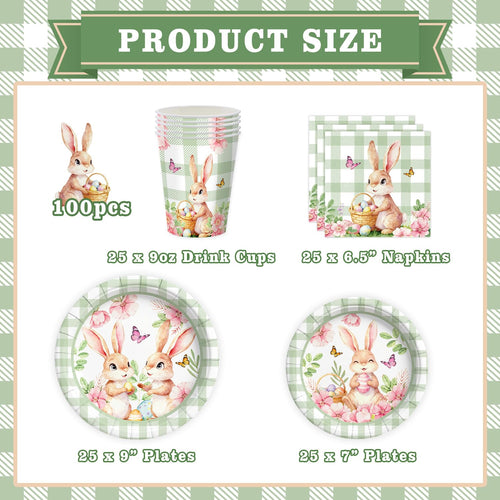 100-Piece Easter Paper Plates, Napkins & Cups Set - Bunny Themed Disposable Tableware for 25 Guests