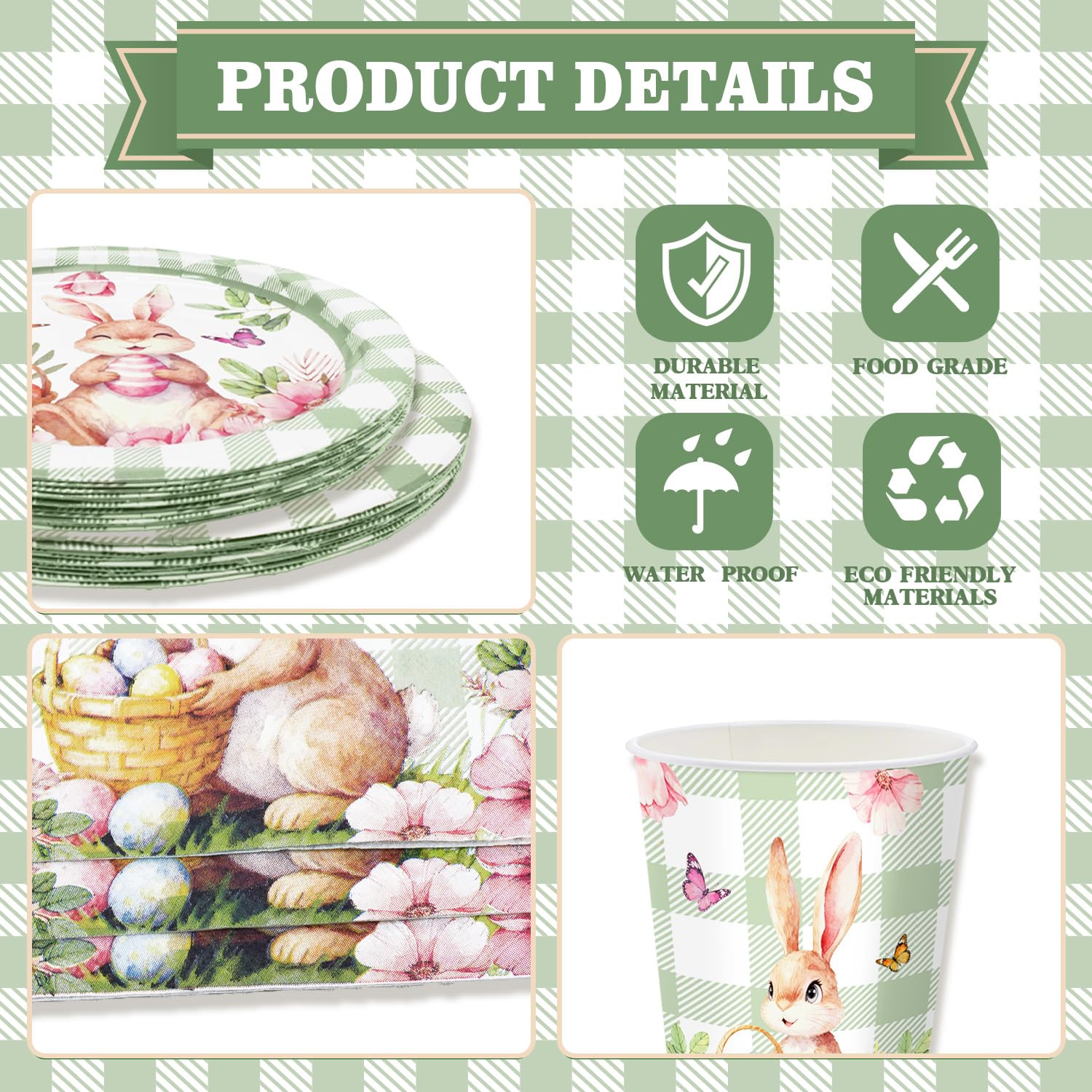 100-Piece Easter Paper Plates, Napkins & Cups Set - Bunny Themed Disposable Tableware for 25 Guests
