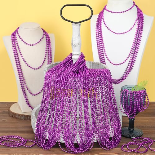 100 Purple Mardi Gras Beads - 33-Inch Plastic Bead Necklaces for Parade Throws and Party Favors