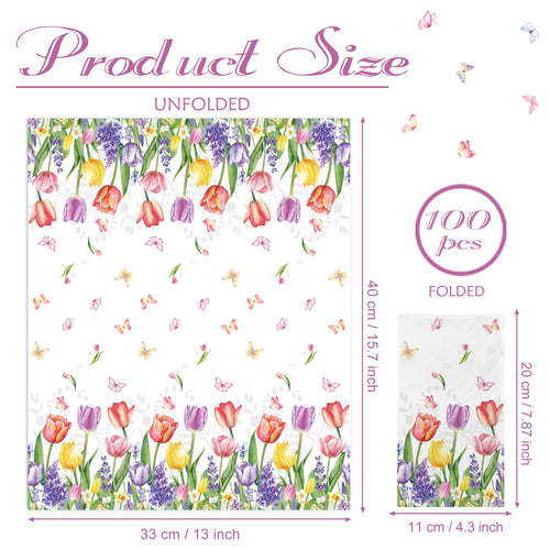 100 Watercolor Tulip Paper Napkins – Floral Decorative Guest Napkins for Parties, Dinner, Kitchen, Bathroom